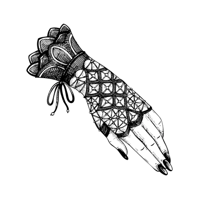 Vintage lace gloves vector sketch. Romantic gothic fashion illustration. Halloween accessories, dark academia clothing. Hand drawn historical costume design. NOT AI generated